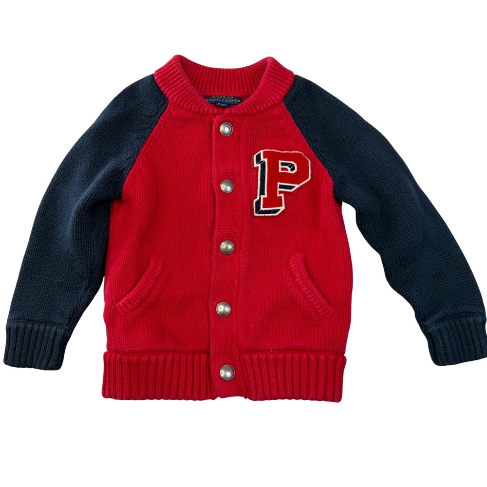 Polo Ralph Lauren Kids Red Navy Blue‎ Cotton Varsity Letterman Cardigan 2T 2/2T